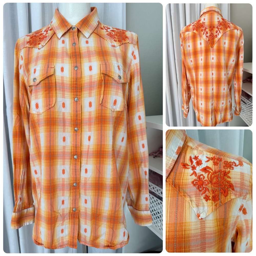 Ryan Michael Flax Orange Plaid Embroidered Western Snap Shirt Sz Large
